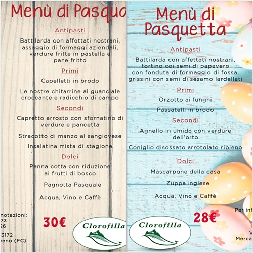 Menù di Pasqua e Pasquetta all'Azienda Agricola CLOROFILLA Menù di Pasqua e Pasquetta all'Azienda Agricola CLOROFILLA